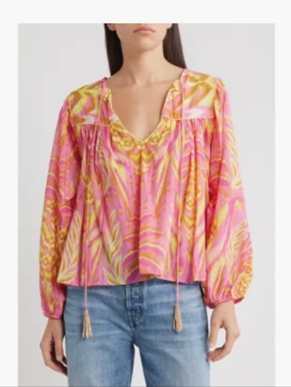 FARM Rio Pineapple Tapestry Tie Neck Top